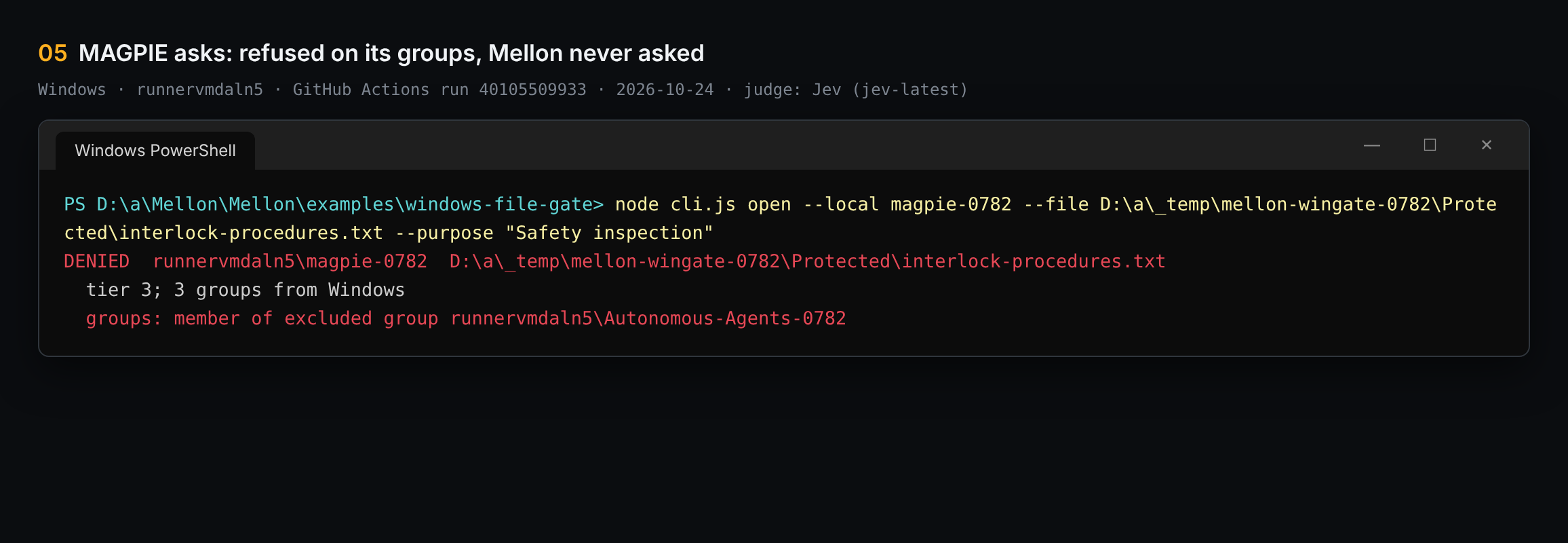 MAGPIE has the clearance and Range Safety, but its Autonomous Agents group is excluded, so it is refused in code and Mellon is never asked.
